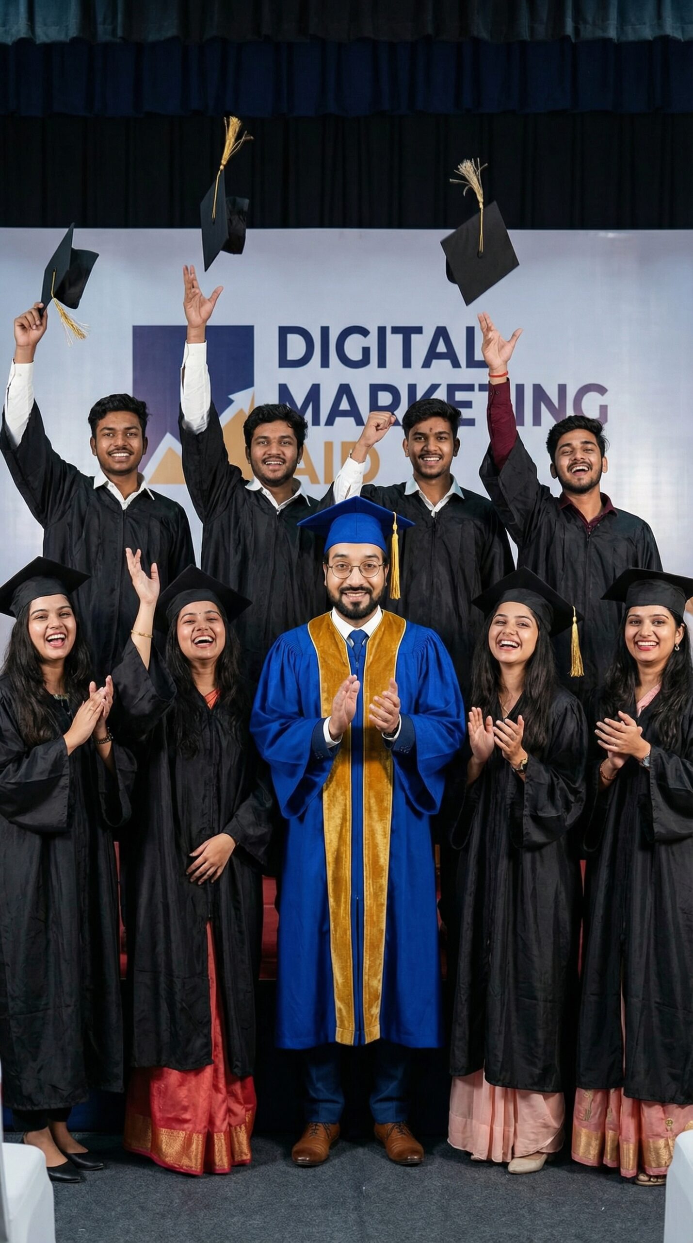 Graduates celebrating with their instructor at a digital marketing course in Mohali.