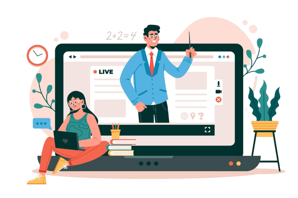 Online Digital Marketing Course live class illustration showing an instructor teaching students through a virtual classroom with laptop, study materials, and interactive learning setup